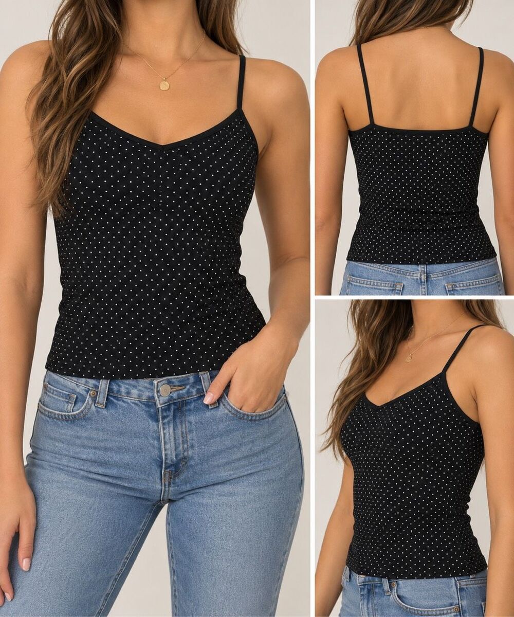 Uniqlo Black White Polka Dot Cami Tank Top Medium Y2K Minimalist